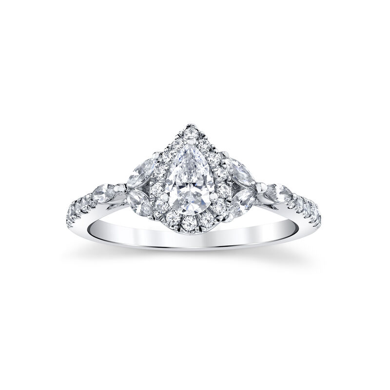 Pear Shape Natural Diamond 1ctw. Halo Three Stone Plus Engagement Ring in 14k White Gold image number null